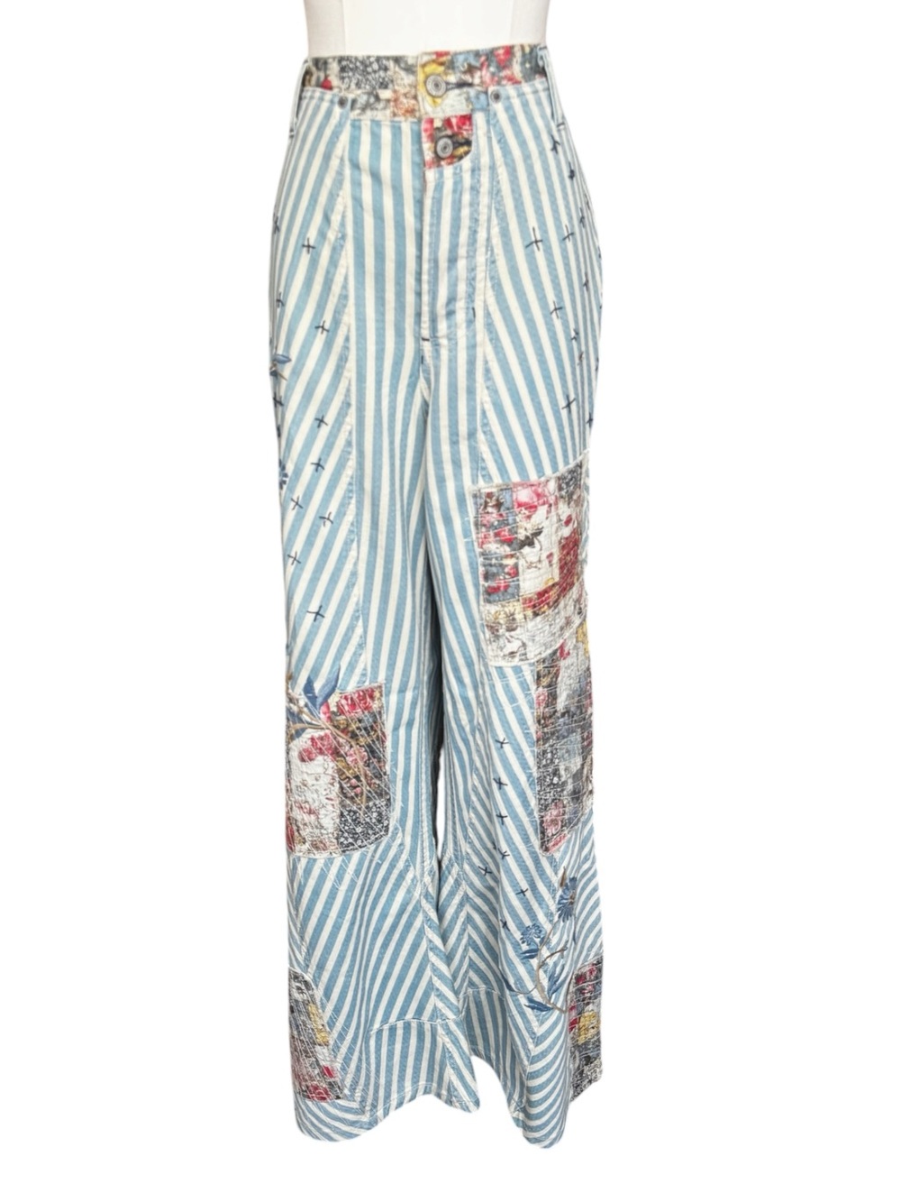 Free People Blue & White Striped Wide Leg Patchwork Jeans - Picture 6 of 16